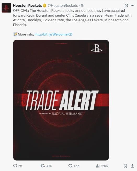 火箭官宣7隊創(chuàng)紀錄交易達成：迎KD生涯榮譽歡迎格林制集錦告別